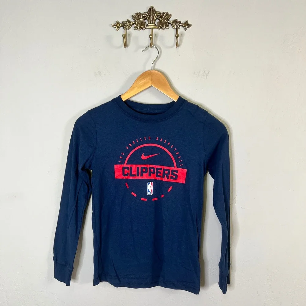 LA Clippers Nike Long Sleeve Graphic Tee Boys Size S (8) Navy Blue Cotton New